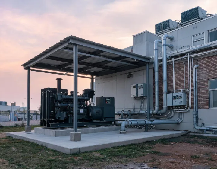 Commercial standby generator beside an operating facility